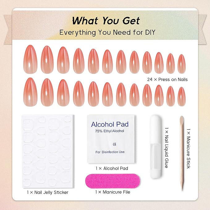 Chrome Press On Nails Almond, Glazed Ombre Nude to Coral Pink Glue on Nails Medium Press Ons, Acrylic Natural Fit Stick on Nails in 12 Sizes - 24Pcs Fake Nail Kit for Women Daily & Party Wear