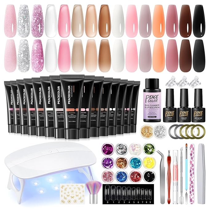 PEACECOLOR 53Pcs Poly Nail Gel Kit with U V Light 15 Colors Nail Extension Gel Set with Base Top Matte Coat Full Nail Tools for Beginners DIY Manicure Kit Salon Home Gift for Women Girls