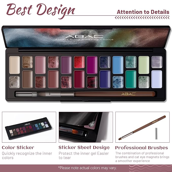 ABAC Solid Cat Eye Gel Nail Polish Palette,Hema-Free 24 Colors Pink Red Green Shimmer Cat Eye Gel Polish,Creme Gel Manicure Palette with Brush and Magnet Soak Off LED Gift for Women