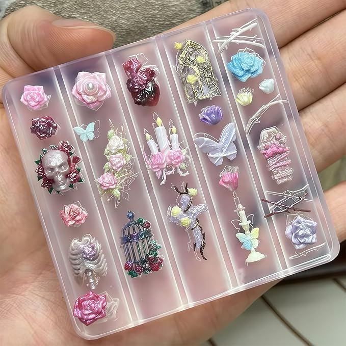 Gothic Nail Art Molds Kit - 3D Skull Rose Butterfly Designs DIY Manual Manicure Decoration Halloween Individual Nail Molds