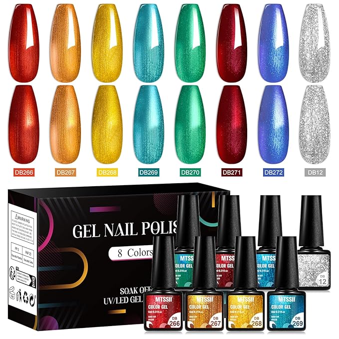 MTSSII Chrome Gel Nail Polish Set, 8 Metallic Colors: Silver, Gold, Red, Yellow, Green, Blue - UV/LED Glossy Mirror Effect Nail Gel for Home Salon DIY Manicure