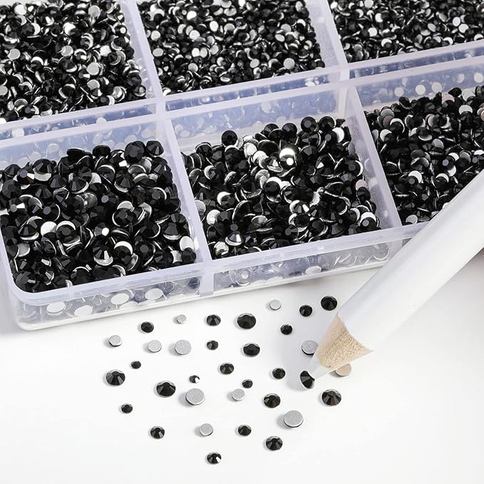 Beadsland 7200pcs Flatback Rhinestones,Black Rhinestone Nail Gems Round Crystal Rhinestones for Crafts,Mixed 6 Sizes with Wax Pencil Kit, SS3-SS10,Jet Black