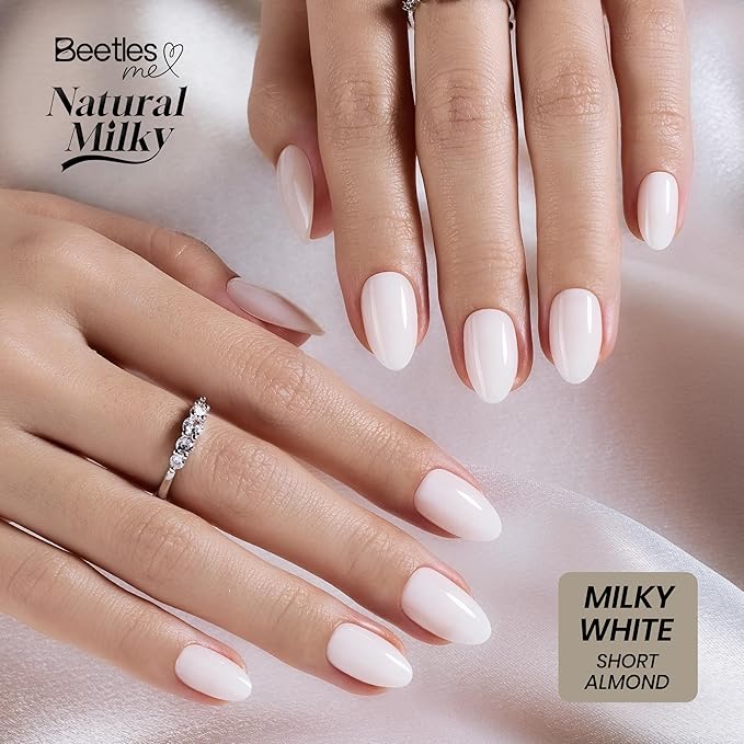 Beetles Natural Milky White Press On, Short Almond Press On Nails, Soft Nail Gel Nail Kit with Fast-Dry Nail Glue & Adhesive Tabs, 32pcs 16 Sizes, Girls Stick On Nails for Women