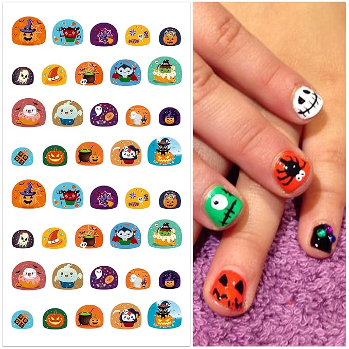 Nail Stickers for Kids - Halloween&Christmas Cute 3D Self-Adhesive Designs, DIY Nail Art Decals for Little Girls, Toddler (4 Sheets)