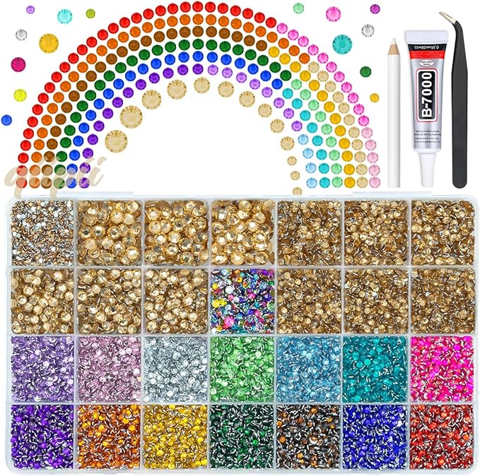 28 Grids Champagne Gold 2-6mm Resin Rhinestones w B7000 Glue for Bedazzling Crafting Colorful Flatback Stones Diamonds Crystals Gems Bedazzler Kit for Nails Face Eyes Makeup Tumblers DIY Crafts