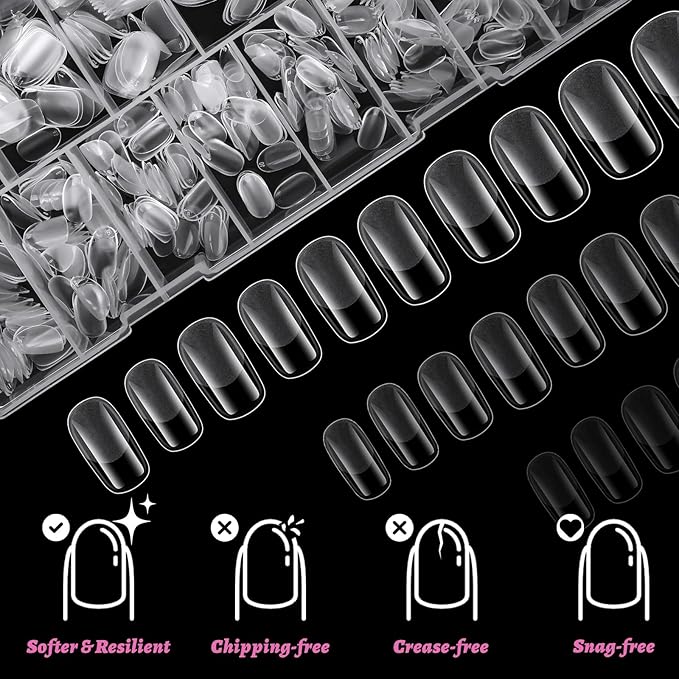 LoveOurHome 600pc Medium Squoval Nail Tips Clear Fake Nails Medium Gel Nail Tips Full Cover Round Square Acrylic Nails Clear Press on Nails 15 Sizes False Fingernail for Gel Nail Tip Extension