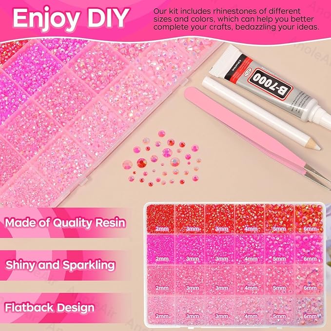 26000PCS Mixed Pink Resin Flatback Rhinestones for Crafting, Resin Rhinestones for Bedazzling Kit, 2/3/4/5/6mm Flatback Gems Jewels for DIY Mugs Tumblers Clothing Shoes Nail Art