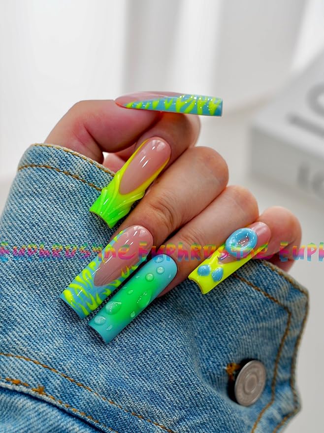 10PCS Neon Green and Blue Press On Nails – Long Coffin Fake Nails with Abstract Swirl Design, 3D Bubble Drops & Retro Y2K Charms, Reusable Trendy Nails for Women and Girls – Euphrosyne