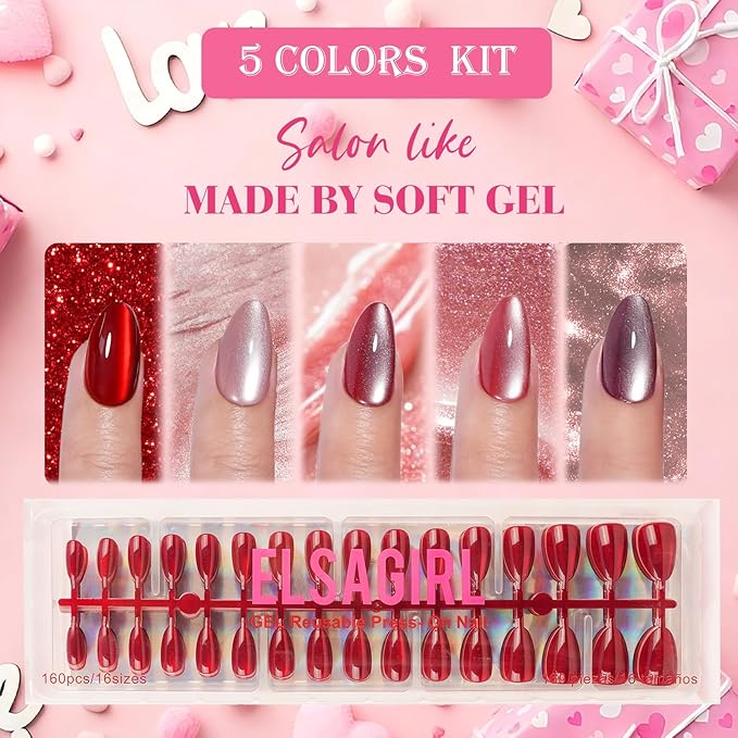 160Pcs Cat Eye Press on Nails Short Almond, 5 Colors Red Pink Magnetic Fake Nails, Salon Quality Soft Gel Glue on Nails with 16 Sizes, Shimmer Velvet Full Cover False Nails Kit for Women