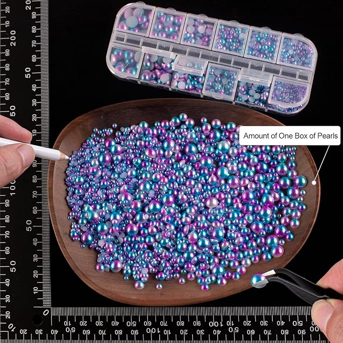 4000PCS Flatback Rhinestones and Half Round Pearls Kit #22, Multi Size Glass Clear Crystals, Plastic Flat Back Blue Mermaid Dome Bead with Pickup Pencil and Tweezer for Nail Art