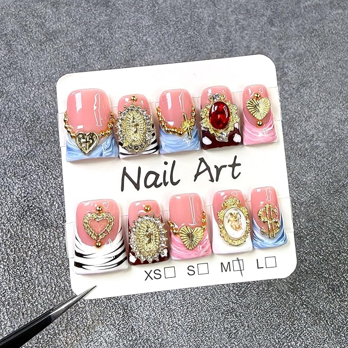 10 Pcs Handmade Acrylic Press on Nails Short Duck Fake Nails with Design 3D Gold Metal Rhinestone Heart Charm Glue on False Nails French Tip Pink Artificial Handmade Nails for Women - Size M