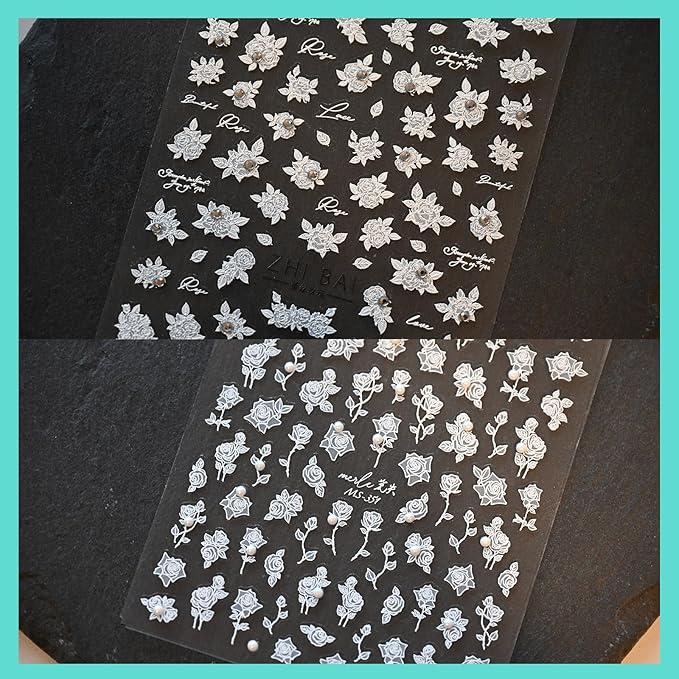 White Rose Flower Nail Art Stickers, Rhinestones Pearl Nail Decals, Self-Adhesive, Nail Accessories for Women, Nail Decorations 3 Sheets