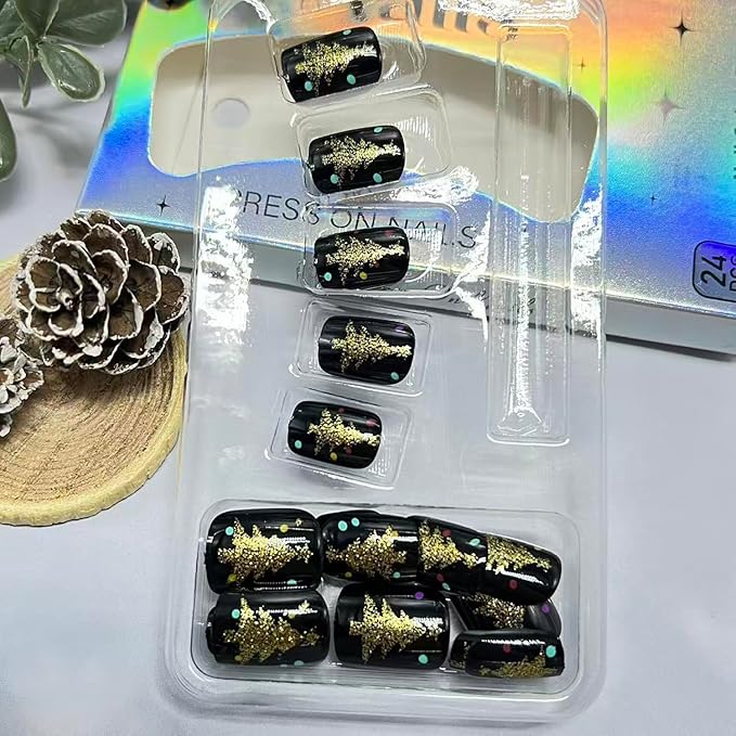 Christmas Press on Nails Short Square Fake Nails with Gold Glitter Christmas Trees Designs Black Xmas False Nail Winter Stick on Nail for Women 24 Pcs