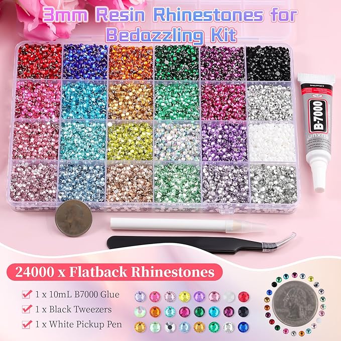 24000Pcs 3mm Resin Rhinestones for Bedazzling, Pink Red Black Flatback Gems for Crafting, Bedazzler Kit with Rhinestones Tools & B7000 Jewelry Glue for DIY Clothing Shoes Tumblers Fabric Nail Art