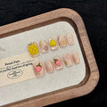 Handmade Press on Nails Square Short Fake Nails Cat's Eye with 3D Strawberry Pineapple Designs Gold Glitter Cute Acrylic Nails for Women 10pcs (Size M）