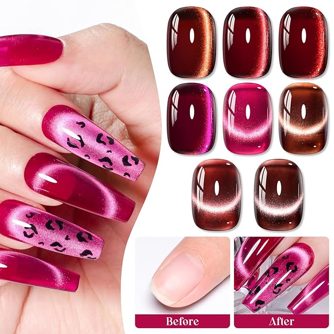 MEET ACROSS 9Pcs Cat Eye Gel Nail Polish Glitter Magnetic Cat Eye Gel Polish Set, Sparkle Red Purple Cateye Gel Polish with Magnet, Soak Off Led Nail Art Manicure Salon Gifts