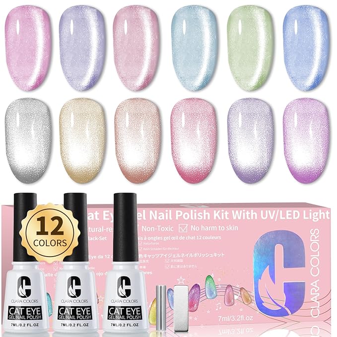 Clara Colors Cat Eye Gel Nail Polish Set, 12 Colors Rainbow Nude Pink Purple Blue Holographic Magnetic Nail Polish with Base Top Coat Magnets Soak Off UV LED Jelly Glitter Ge Polish Kit