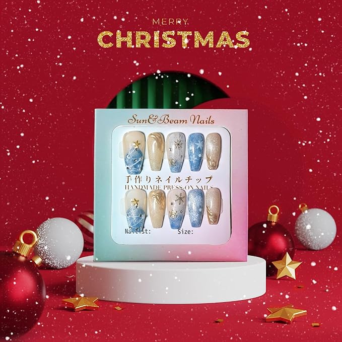 Sun&Beam Nails Handmade Press-on Medium Long Coffin Ballerina Blue White Gold Green Glitter Winter Christmas Design False Nail Tips 10 Pcs (#143 XS)