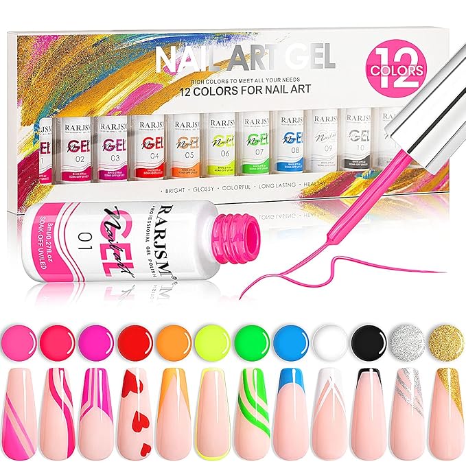 RARJSM Nail Art Gel Liner 12 Color Painted Gel Nail Polish Set and 6pcs Nail Brushes Set with Pen Holder Dotting Painting Design Tools