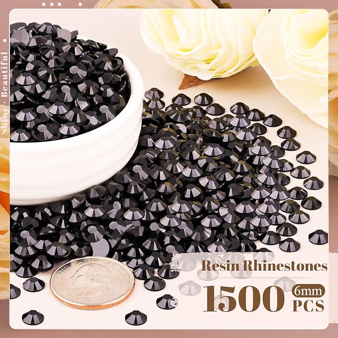 1500PCS 6mm Resin Rhinestones Bulk for Crafting (Black), Flatback Bedazzling Crystals for Crafts DIY Nail Decoration, Gems Charms for Tumbler Shoes Clothing Fabric with Pickup Pen and Tweezers