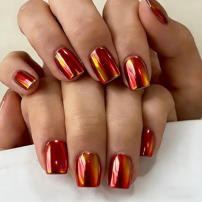 Chrome Orange Red Press on Nails Short Square, Glazed Short Fake Nails with Sparkle Mirror Design, Shiny Glitter Glue on Nails with Glue, Cute Gel Nail Press ons for Fingernail 30 Pcs