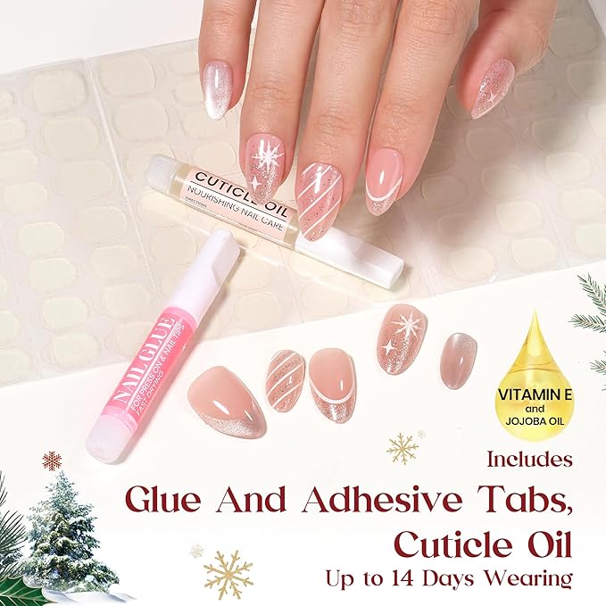 Beetles Christmas Press On Nails - Christmas Snow | Short Almond Press On Nails | 32Pcs 16 Sizes Natural Salon Quality Nail Tips With Quick-drying Nail Glue For Women