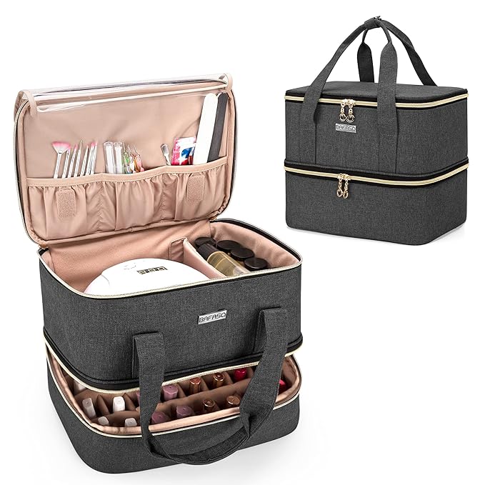 BAFASO Nail Polish Organizer Holds 40 Bottles (15ml - 0.5 fl.oz) and a Nail Lamp, Nail Polish Carrying Case with Manicure Tools Storage Sections (Bag Only), Black