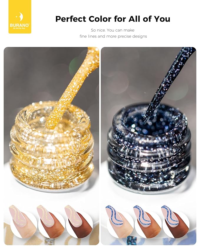 BURANO Gel Nail Polish Liner Nail Art Polish, Silver Gold Painted Gel Nail Design Polish 2 Bottle 8ml, Build in Thin Nail Brush Curing Required LX17 LX22