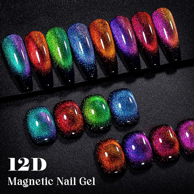 MEET ACROSS Magnetic Cat Eye Gel Nail Polish - Long-Lasting, High-Shine, 12D Holographic Glitter Effect, Soak-Off, Easy to Apply and Remove, 8 Vibrant Colors Optional for Nail Art Manicure