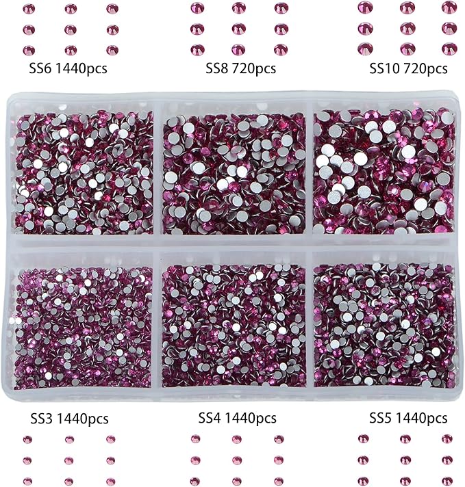 Bymitel 7200 Pieces 6 Mixed Sizes Glue Fix on Glass Rhinestones Round Crystal Gems Flatback for DIY Jewelry Making with one Picking Pen(6-Sizes 7200PCS, Fuchsia)