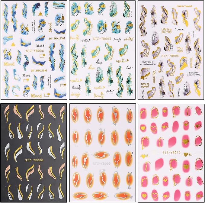 Marble Wave Nail Art Stickers, French Line Nail Art Transfer Decals Designs, 3D Geometry Gold Line Heart Nail Self-Adhesive Sticker Supplies for Women Girls Manicure Decorations, DIY Resin Nail Decal