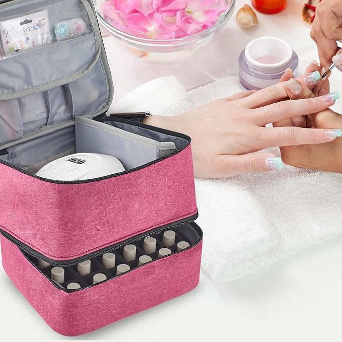 Buruis Double-Layer Nail Polish Organizer Bag, Holds 27 Bottles (15ML/0.5 FL.OZ or Larger), Nail Tools & Dryer Storage Case with Adjustable Dividers (Pink)