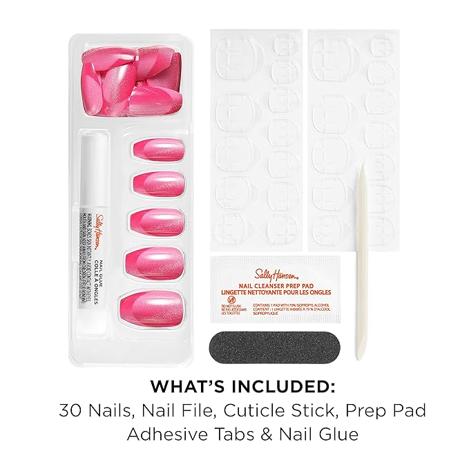 Sally Hansen Salon Effects Perfect Press-On Pink Nails | Coffin Shape, 3D Design | Easy to Apply, Non-Damaging, Vitamin E & B5 | 30 Nails, Nail Glue, Adhesive Tabs, File| Coquette-Me-Not
