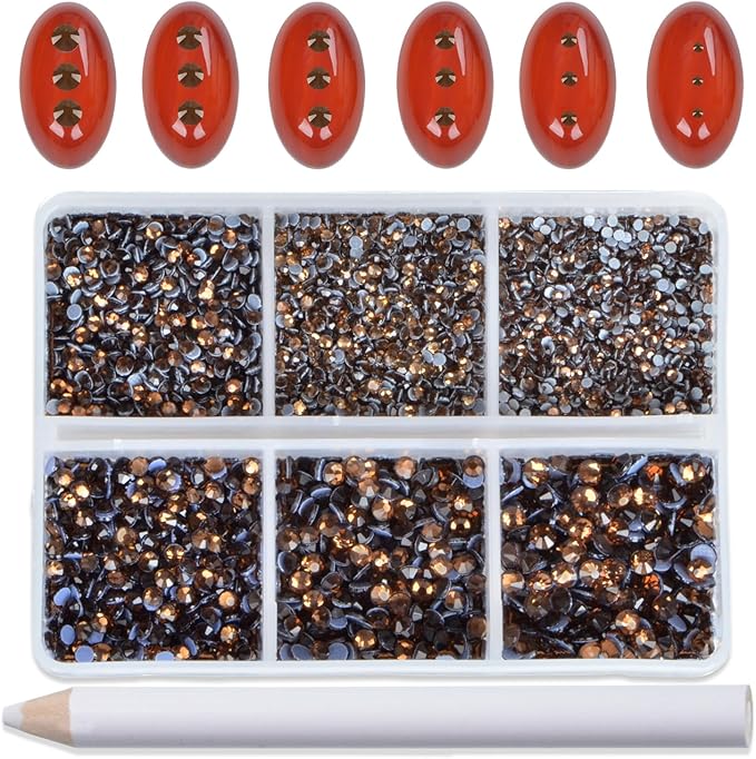 Bymitel Hotfix Crystal Rhinestones Round Gems for Crafts,Mixed 6 Sizes with Wax Pencil Kit, Smoked Topaz1.3-3.2mm(SS3-SS12/8000pcs)