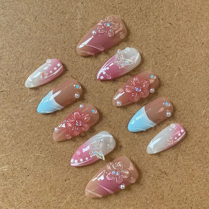 French Press on Nails Handmade Almond Nails with Glue,Nude Medium Fake Nails with 5D Flower Art ＆ Pearl Design Muti-Layer Gel Handmade Nail Acrylic Nature False Nails for Wome (Size M)