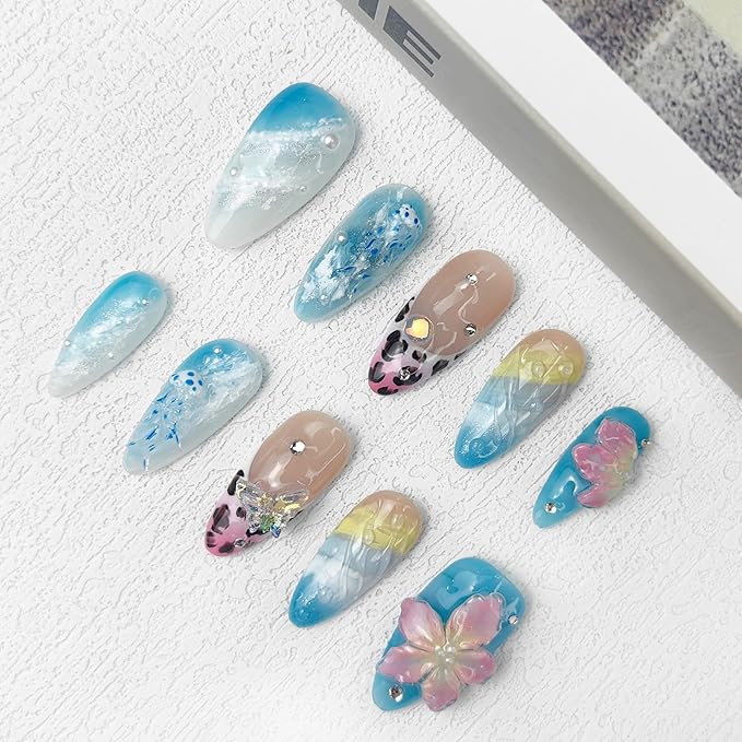 2025 Tide Kissed Pearl Sea Blue Press-On Nails Handmade PMMA Acrylic Reusable Tips with Box Gifts for Women (Tide Kissed, M)