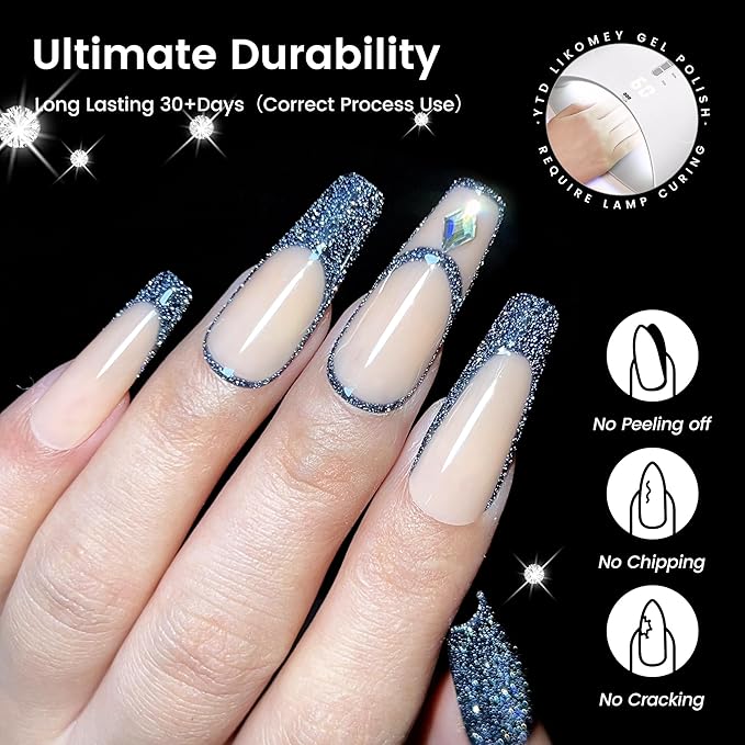 YTD Likomey Reflective Glitter Gel Nail Polish,15ml Black Flash Diamond Shimmer Nails Gel,Dark Blue Tone Black Sparkly Shiny Salon Home Fall Winter Manicure UV Color Varnish,SZ010