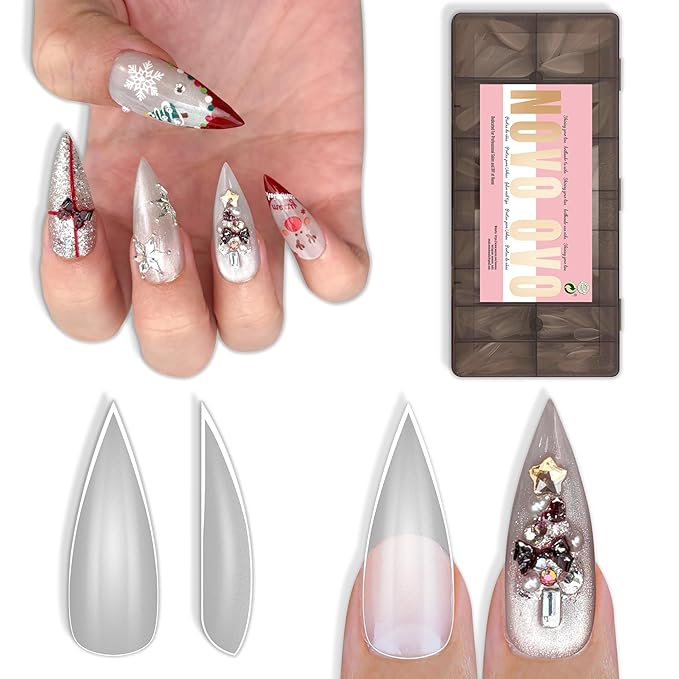 NOVO OVO Sharp Stiletto Pointed Medium Long Nail Tips Press on, Extra Thick Soft Gel Double Matte Clear Fake Nail Extension, Full Cover False Nails for Salon DIY x 16 Sizes 480 pcs
