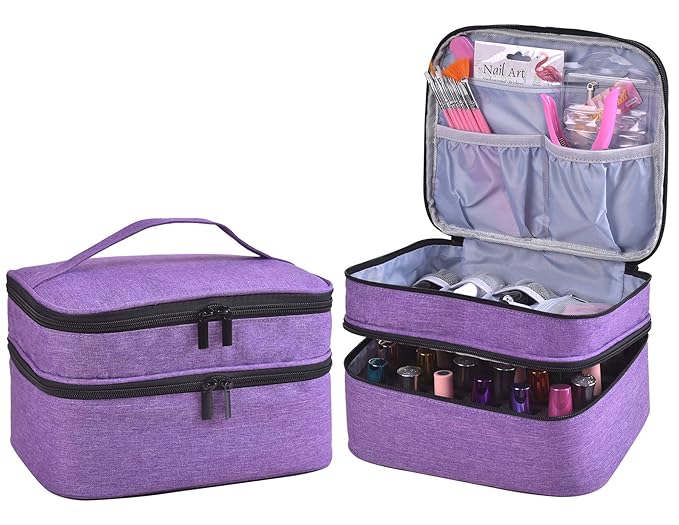 Nail Polish Organizer- Holds 30 Bottles Nail Supply Organizers and Storage Double-layer Nail Bag Organizer Case Nail varnish Organizer Nail Polish Storage Bag with Handle(Purple)