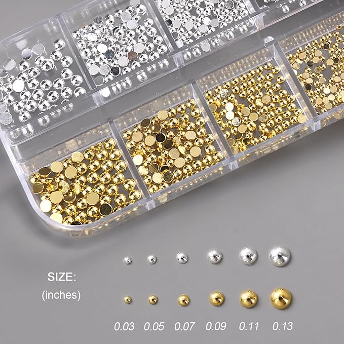 Gold & Silver Nail Caviar Beads, Mixed Size Half-Round Metal Nail Beads for Nail Art, Flatback Alloy Nail Decorations with Tweezers, Manicure Accessories, Balines para Uñas