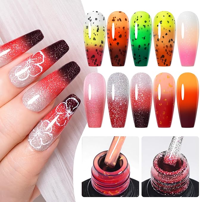 MEET ACROSS 12pcs Glitter Color Changing Gel Nail Polish Set, Thermal Nail Gel Polish Kit, Temperature Color Changing Gel Polish Semi Permanent Soak Off UV Gel for Home Salon