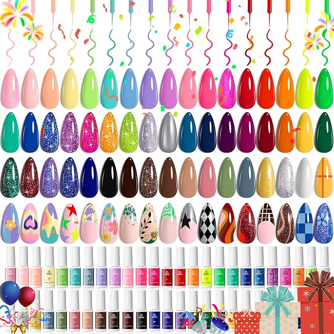 Beetles Gel Liner Nail Art Polish Set 50 Colors Reflective Gold Glitter Green Pink Red Blue Silver Gel Nail Polish Soak Off UV Built Thin Brush in Bottle Nails Design Rainbow Gift for Women