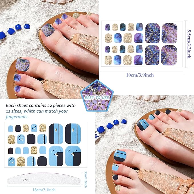 JERCLITY 440 Pieces 20 Sheets Toe Nail Stickers Full Nail Wraps Self-Adhesive Glitter Toenail Polish Strips Full Nail Stickers Nail Art Decals Strips with Nail File for Women Girls Kids（Cool Colors）