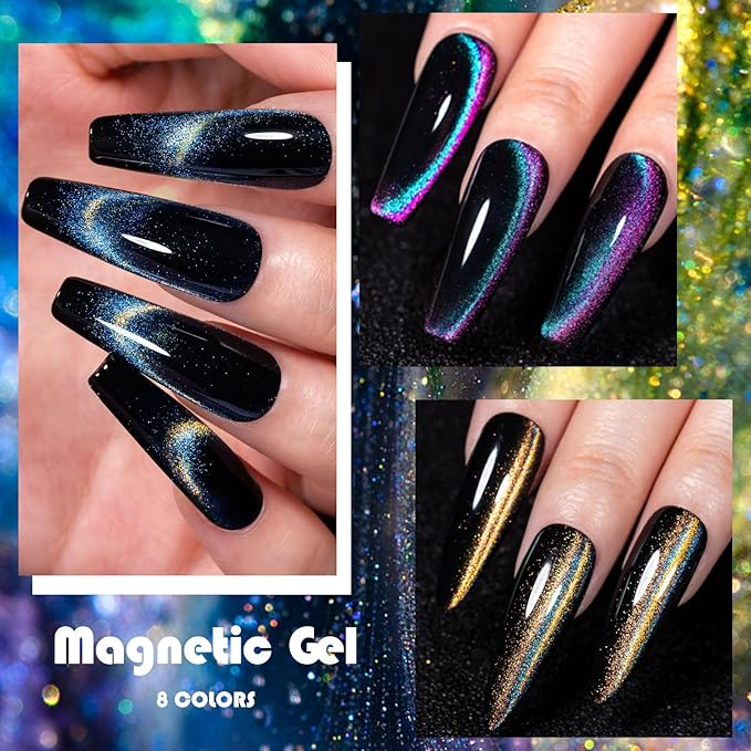 Rainbow Magnetic Gel Nail Polish - Super Bright Cat Eye Nail Art Dopamine Series 7 Color Set with Pure Black Gel and Magnet, Fashion Salon Cat Eye Art Design, Shiny Glossy Brilliant Women's Nail Tool