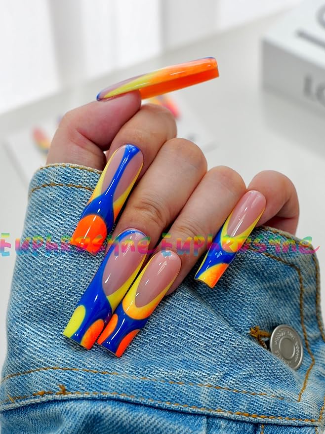 10PCS Colorful Swirl Press On Nails – Long Coffin Fake Nails with Blue, Orange & Yellow Abstract Design, Glossy Reusable Y2K Nails for Women and Girls – Euphrosyne