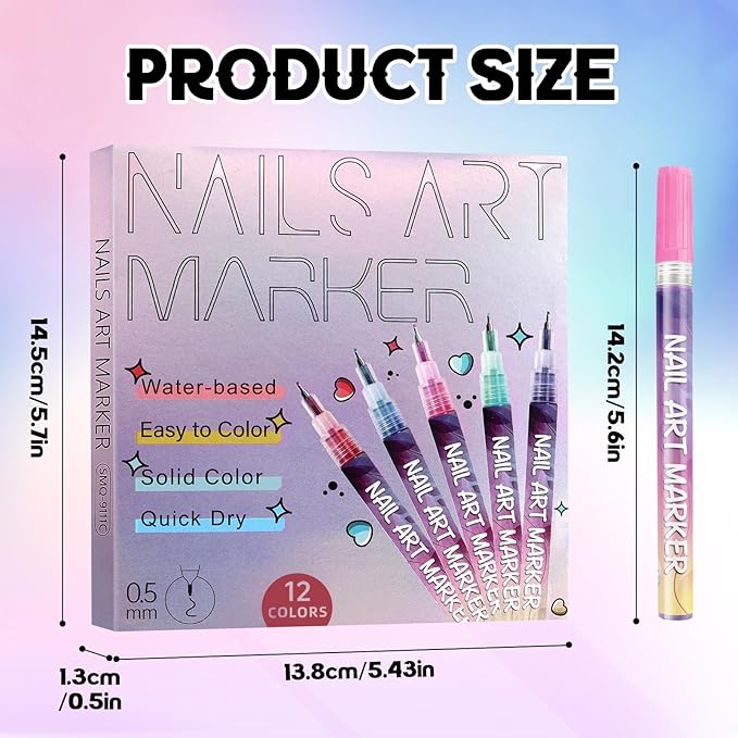 Kalolary 12 Color Nail Art Pens Set, Nail Polish Pens 0.5MM Fine Tip Acrylic Paint Pen Nail Art Markers Quick-Dry Nail Art Tools for Dotting Drawing Painting DIY Nail Art Beauty Manicure(A)