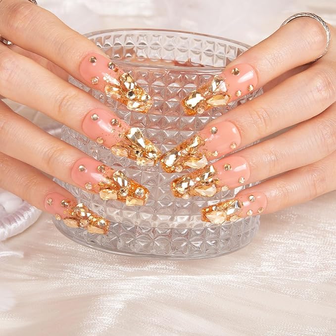 LOVFUL Press on Nails Stardust Gold Rhinestone | Handmade with Full Covered Crystals | Reusable Full Cover Nails | Coffin Classic Regular 1.3 in | H84-S
