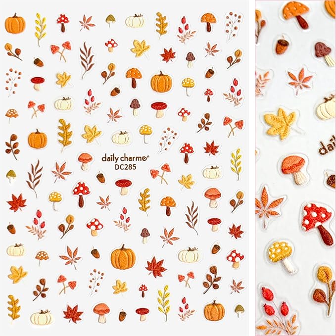 Daily Charme Fall Leaves Cottagecore Self-Adhesive Fall Nail Art Sticker Bundle Autumn Nail Decals Supplies Cute for Women Thanksgiving Day Nail Art Decorations Home DIY