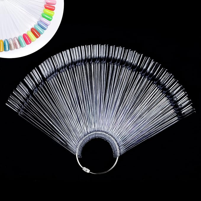 AZUREBEAUTY 50 Pcs Nail Color Sticks with Ring, Clear Fan Shape Nail Art Polish Display Tips, False Nail Sample Sticks, Nail Practice Color Display, Transparent nail Practice-Tips for Manicure
