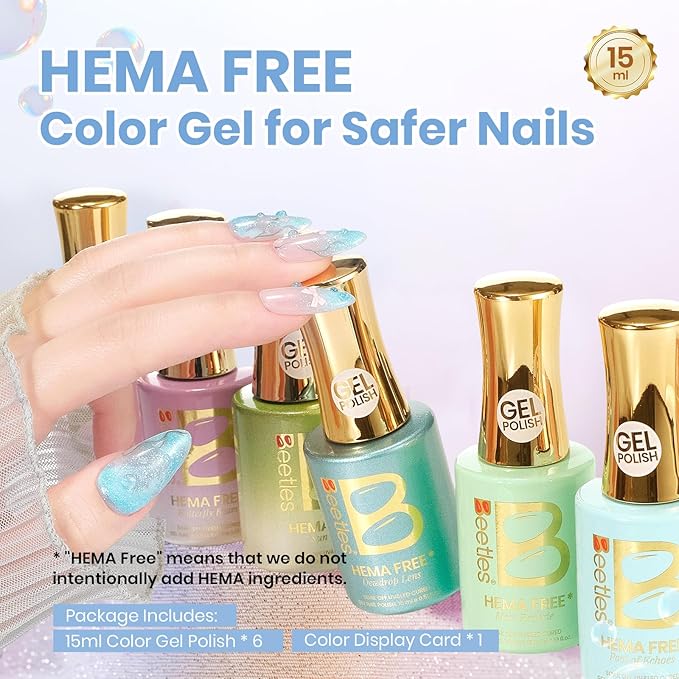 Beetles Hema Free Gel Polish Set, 15 ML 6 Colors Pastel Cat Eye Pink Green Blue Glitter Gel Nail Polish Kit Soak Off UV Nail Art DIY at Home Salon Spring Summer Easter Gift for Women